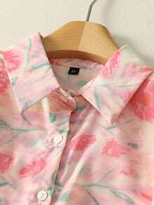 Summer New Ditsy Floral Linen-Like Collared Short Sleeve Blouse, Versatile Women Top