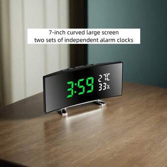 1个LED弧形镜面数字闹钟，多功能桌面显示器，带温度和湿度显示，家居装饰，适用于房间、卧室（不含电池）