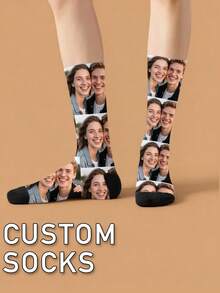 1 Pair Customized Face Socks, Personalized Photo Couple Mid-Calf Socks, Unique Custom Anniversary, Valentine's Day, Birthday, Holiday Gift - White - View 6