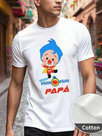 Camiseta de Moda para Hombre Plim Plim Papá Dibujo Animado Estilo Infantil 220g Algodón Grueso