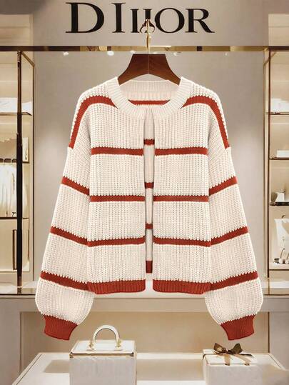 Women's Color-Block Striped Top, Round-Neck Long-Sleeved Button-Up Sweater, Casual Streetwear, Suitable For All Seasons And Highly Popular For , Women's Outwear, Women's Office Outfits, Women's Cardigan,Christmas Outfit For Women,Thanksgiving Outfit For Women.