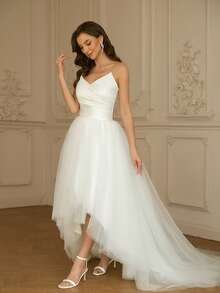 YUMIBRAVO Wedding Dress Bridal Satin Strapless High Low Prom Dress - 白色 - 查看 3