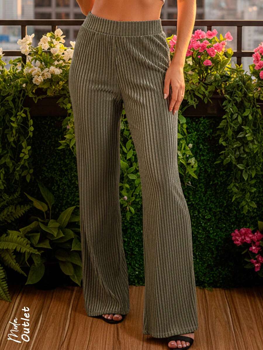Pantalón de pierna ancha para mujer, elegante y casual, tela tipo pana de poliéster y spandex, apto para temporadas de primavera y verano. Ajuste de cintura natural con resorte ligero. Interior suave, fresco y ligero. Estampado de líneas verticales. - Beis - Ver 1