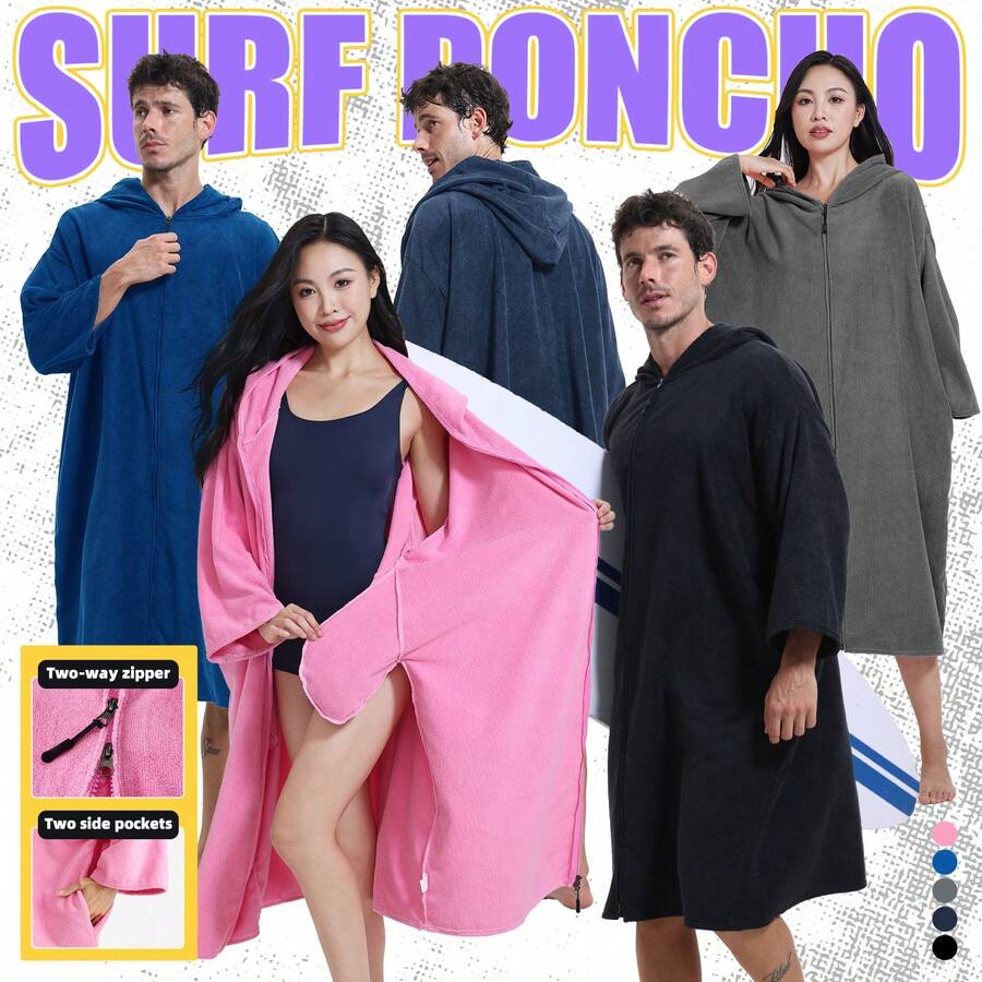一件式冲浪斗篷双拉链毛巾连帽衫超大连帽潜水服更衣袍带两个侧袋和袖子超细纤维毛巾布材质泳衣适用于家庭海滩泳池浴