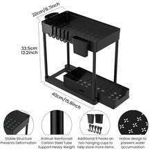 2 Tier Under Sink Storage Rack , Kitchen Cabinet Storage Rack, Double Sliding Cabinet Basket Storage Drawer, Multi-Functional Bathroom Collection Basket, Organizer, Shelf For Under Counter Kitchen Storage With 5 Hooks 2 Hanging Baskets Kitchen Decor Holiday Gift - H-shaped Storage Rack-black - View 5