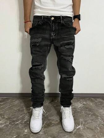 Men's Slim Fit Distressed Stretch Denim Jeans, Differential Wash Skinny Jeans, Personalized Styling, Cotton Fabric Side Pockets, Versatile
