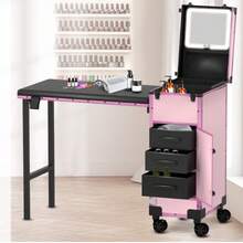 Rolling Portable Manicure Table With 3 Drawers, Mirror & Nail Polish Organizer, Lockable Makeup Train Case With Foldable Nail Desk, Cosmetic Travel Case For Workstation Mobile, Nail Tech-Pink - Pink - View 1