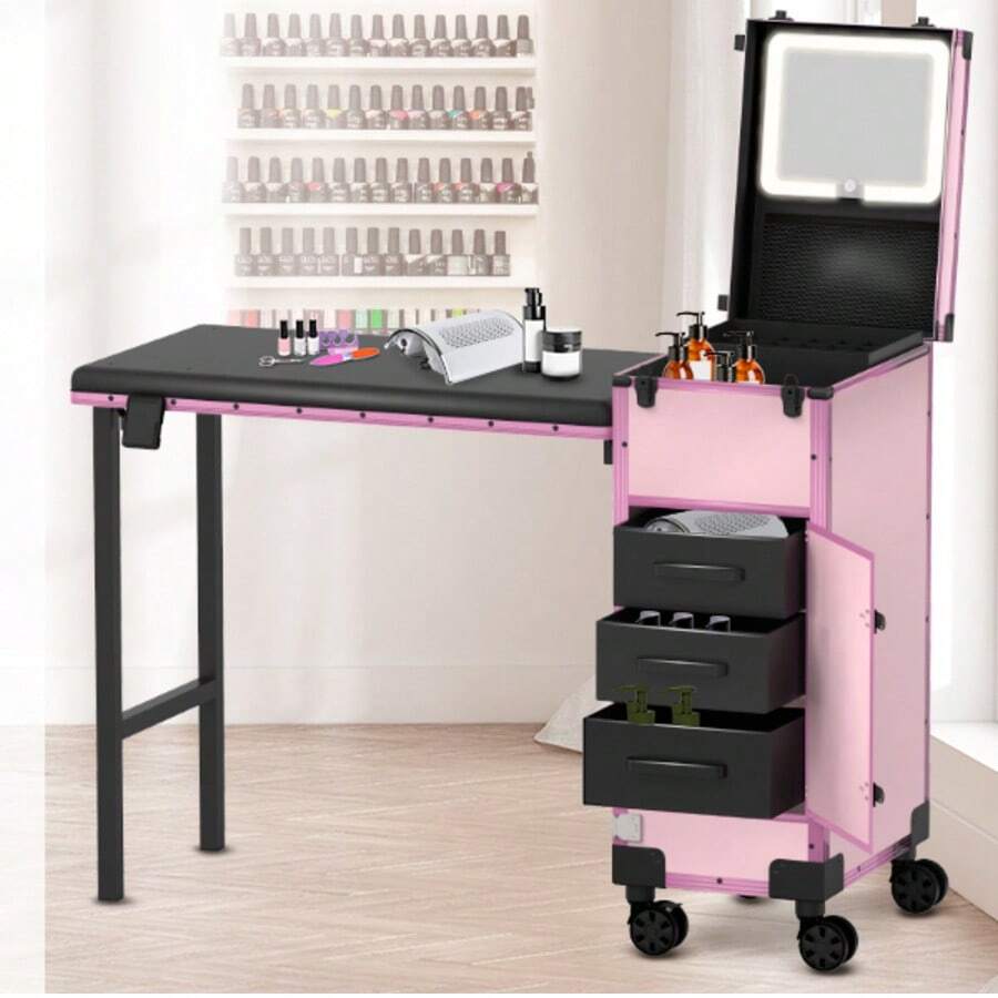Rolling Portable Manicure Table With 3 Drawers, Mirror & Nail Polish Organizer, Lockable Makeup Train Case With Foldable Nail Desk, Cosmetic Travel Case For Workstation Mobile, Nail Tech-Pink - Pink - View 1