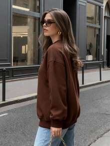 棕色圆领宽松长袖卫衣，女士休闲日常办公上衣 - 咖啡棕 - 查看 5