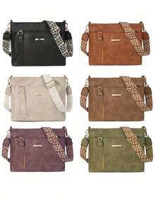 复古休闲斜挎包，大容量，女士休闲斜挎包，可拆卸可调节肩带，拉链封口，适合日常通勤、购物和旅行 - 咖啡棕色、黑色、深棕色，几何图案点缀，纹理表面 - 彩色 - 查看 12