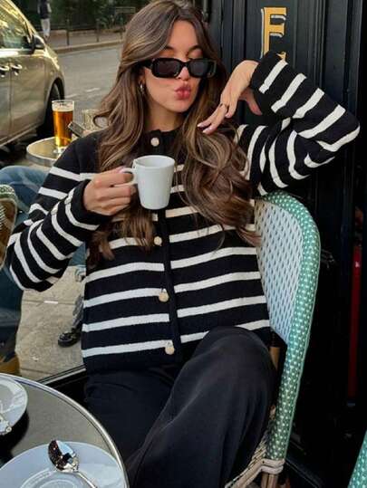 复古单排扣休闲宽松撞色针织开衫，百搭秋冬