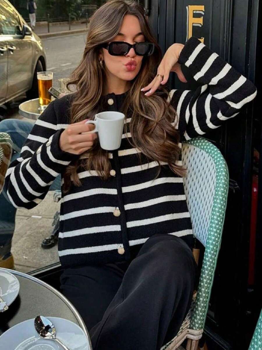 Cárdigan de punto de ajuste holgado y de un solo botonadura en estilo vintage con contraste de color, versátil para otoño/invierno