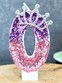 1Pc Gradient Purple Pink Sequin Number 0-9 Birthday Candle With Rhinestone Crown Princess Style Cake Topper Candle Kids Birthday Party Layout Supplies - Multicolor - View 13
