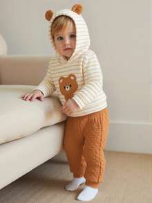 مجموعة بنطلون وهوديي بنقشة الدب الصغير والخطوط الطويلة للأولاد، قطعتان، ملابس يومية عادية للأولاد الصغار