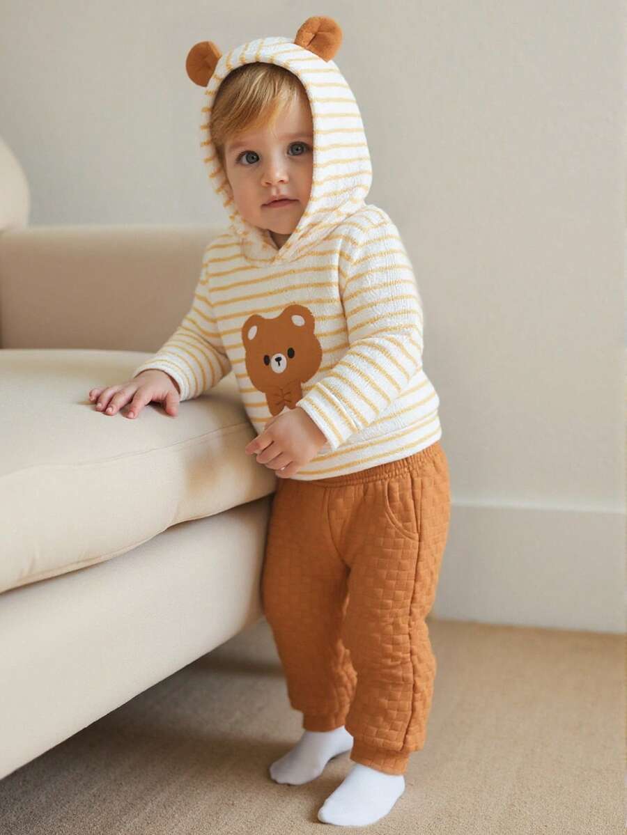 مجموعة بنطلون وهوديي بنقشة الدب الصغير والخطوط الطويلة للأولاد، قطعتان، ملابس يومية عادية للأولاد الصغار