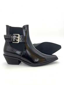 Women's Western Style Rhinestone Embellished Mid-Calf Boots - Black - View 2