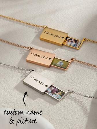 1pc Personalized Stainless Steel Pull Out Photo Box Pendant,Engraved Custom Color Picture Pendant Necklace,18K Gold Plated Necklace With Love Letter Envelope Pendant,Valentine's Day,Mother's Day Gift