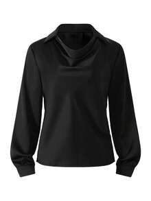 Elegante camiseta de cuello drapeado de satén blanco - 100% poliéster, lavable a máquina, adecuada para uso casual y profesional, cómoda todo el año, rosa primaveral - Negro - Ver 3