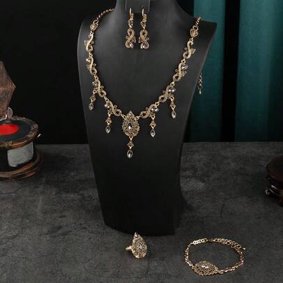 Vintage Bronze Unique Floral Pattern Twisted Chain Necklace, Earrings, Bracelet, Ring Jewelry Set, Suitable For Bridal Wedding Dress