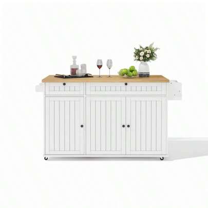 Kitchen Island With Folding Worktop, Kitchen Cabinet On 6 Lockable Casters, With Shelf, Door Shelf, 2 Large Drawers And Cupboard, White, 137 X 89.5 X 45 Cm