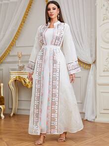 SISKAKIA Elegant & Fashionable Tropical Print Geometric Pattern Sequin Patchwork Abaya Dress, Suitable For Holidays, Weddings, Vacations, All Seasons