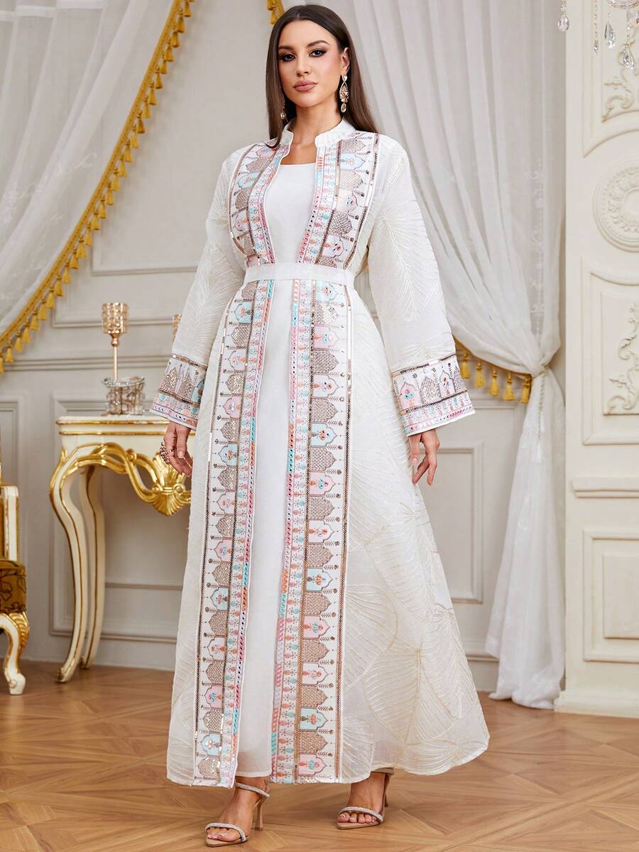 SISKAKIA Elegant & Fashionable Tropical Print Geometric Pattern Sequin Patchwork Abaya Dress, Suitable For Holidays, Weddings, Vacations, All Seasons