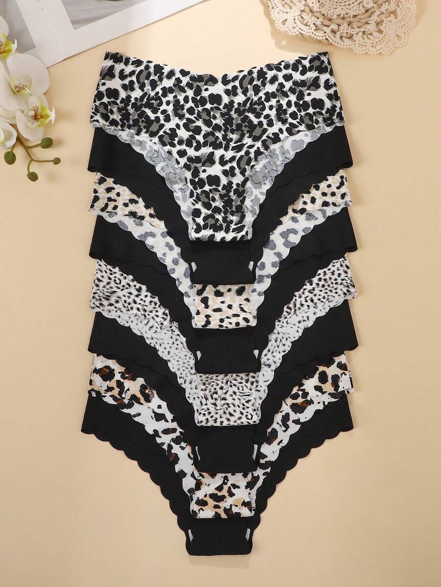 8pcs/Pack - Solid Color & Leopard Print Wavy Trim Design Sexy Seamless Smooth Breathable Women's Panties - Multicolor - View 1