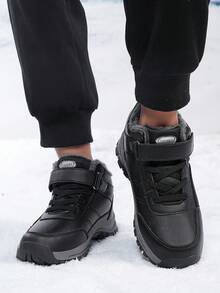 Men's Black Winter Snow Boots - Leather Ankle Boots With Thermal Lining, Rubber Sole, Hook And Loop Strap, Suitable For Cold Weather