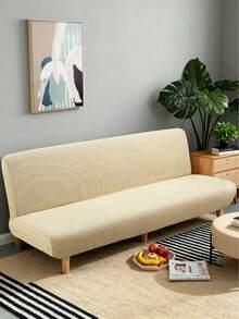 1pc Solid Color Corn Fleece Elastic Armless Sofa/Bed Cover, Suitable For Living Room, Bedroom, Home Use All Seasons - Beige - View 4