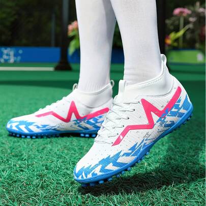 1 paire de chaussures de football/soccer unisexes, crampons cloutés pour adultes, étudiants, adolescents, convenant pour le gazon artificiel, le terrain dur, l'entraînement en salle, le terrain extérieur, les chaussures de sport professionnelles pour femmes, à lacets, antidérapantes, semelle en caoutchouc durable, légères, haute performance, design antidérapant, bottes de football professionnelles hautes, directe d'usine, chaussures de soccer pour femmes