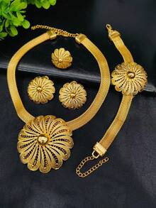 1 Necklace, 1 Pair Earrings, 1 Bracelet, 1 Ring, 4pcs Copper Flower Jewelry Set, Fashion Jewelry Suit For Women, Dubai Bride Wedding Party Christmas New Year Holiday Gift