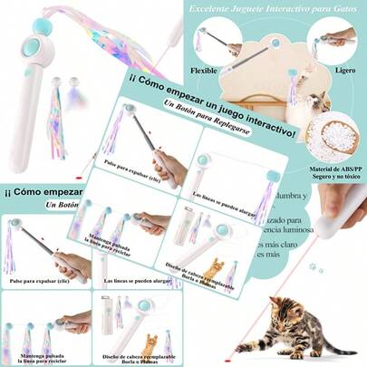 Juguete Pluma de Gato InteractivoVaritas Retráctiles para Gato con Borlas Largas de Colores y Plumas Juguetes con luz