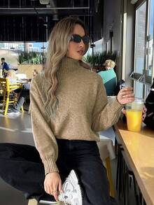 FOR BEAUTY Women's Autumn/Winter New High Neck Apricot Simple Commuting Style Sweater, Fashionable Slim Fit, Elegant Fashion, Ribbed Long Sleeve Daily Leisure And Versatile Commuting Lazy Style Warm Knitted Sweater Top New Year - mơ Trung Quốc - Xem 2