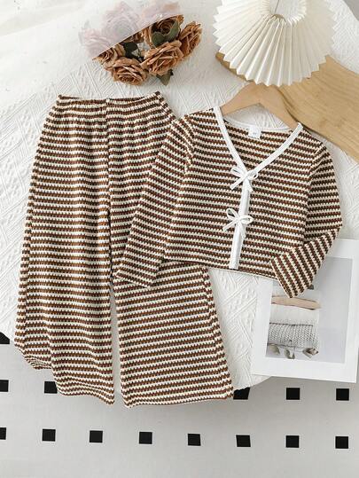 2 Stücke/Set Mädchen gestreifter Sweatshirt Jacke & Sweatshirt Top mit weiter Hose Outfit, Langarm Sweatshirt Sweatshirt + weit geschnittene Hose, Lässig Wear für Frühling/Herbst