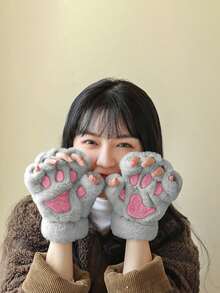 1双装-可爱卡通猫爪漏指手套-秋冬保暖防寒毛绒半指手套-加厚加绒-学生写字漏指 - 彩色 - 查看 7