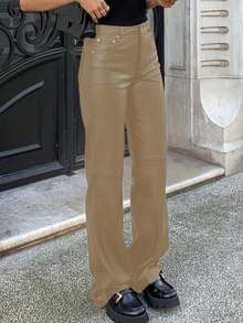 MYOURSA Pantalones rectos de cintura alta de unicolor de imitación de cuero de PU de moda y versátiles - Beis - Ver 2