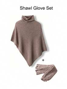 1pc Women 100% Merino Wool Poncho, Turtleneck Loose Knit Wrap Scarf, Asymmetrical Oversized Cape Shawl For Dress