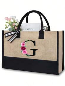 Juego de bolsas de lona con iniciales florales negras de la A a la Z, incluye bolsa de almacenamiento de maquillaje, bolsa de regalo personalizada, adecuada para boda, cumpleaños, playa, vacaciones, escuela, es un gran regalo para mujeres, mamá, maestros, amigos, damas de honor, estudiantes, bolsa grande, artículos de primera necesidad, regalos perfectos para vacaciones, cumpleaños, Acción de Gracias, Pascua, Navidad