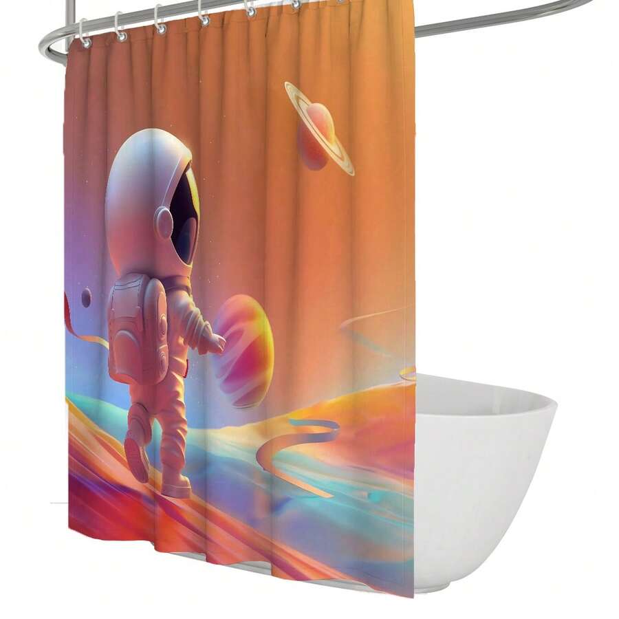 1pc Astronaut Waterproof Bath Curtain For Children's Bathroom Decoration Space Adventure Shower Curtain For Bathroom Partition Cute Cartoon Bathtub Curtains With Hooks 71 X 71 Inches Planetary Style Bathroom Curtains - Multicolor - View 1