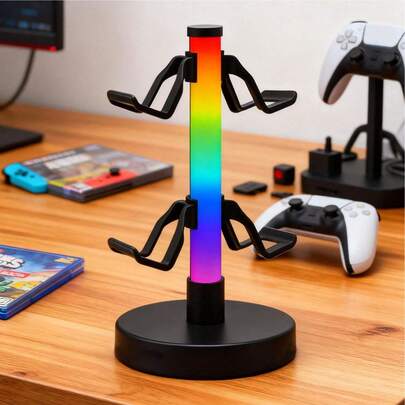 USB Powered, RGB Lighting, Microphone Function & Ambient Lighting Gaming Headset/Controller Desktop Stand - Suitable For All Gaming Accessories, An Ideal Gift, Desktop Organizer, And Gaming Equipment. Fashionable Design For Modern Gaming Gear, Durable Stand, Includes Controller Holder, A Gift For Gamers And Tech Enthusiasts
