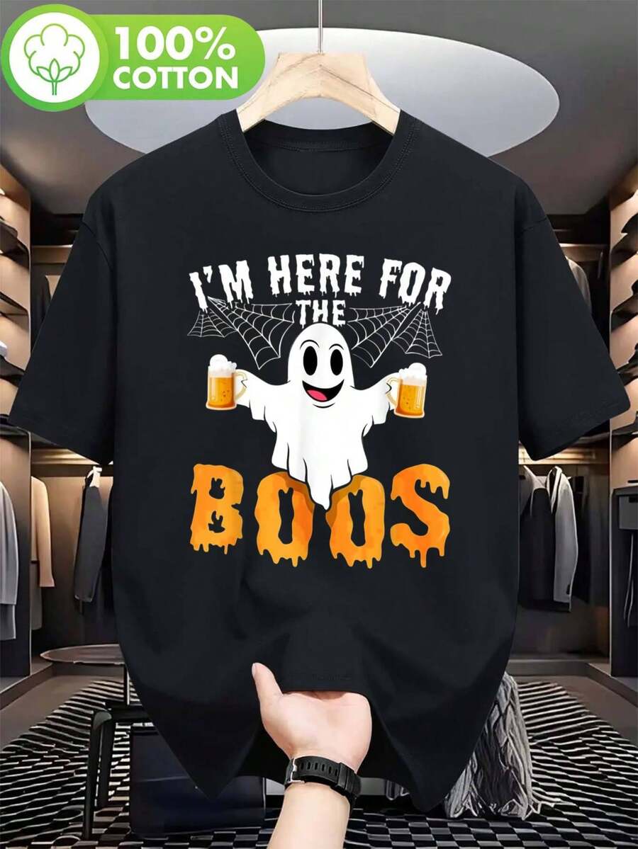 Camiseta divertida de Halloween para hombre - Camiseta gráfica con diseño de bebida "Estoy aquí para los espantos" - Negra con texto naranja - Ajuste relajado, disfraz casual para fiestas - Transpirable, para uso diario en Halloween, celebración de temporada, diseño divertido, top llamativo, compradores navideños