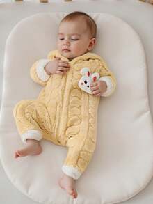 Baby Winter Plush Hood Romper Cute Bunny Long Sleeve Zip Up Full Length Bodysuit Snowsuit - Amarillo - Ver 1
