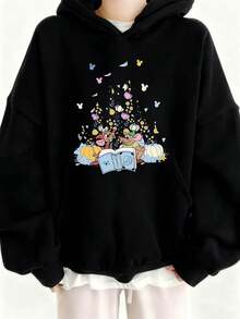 Disney Authorized Plus Size Women's Hoodie Featuring Mickey And Minnie Mouse Reading Book With Castle Design, Oversized Pullover Sweatshirt, Cozy Fall Winter Hooded Top, Perfect For Casual Wear And Everyday Comfort - 黑色 - 查看 1
