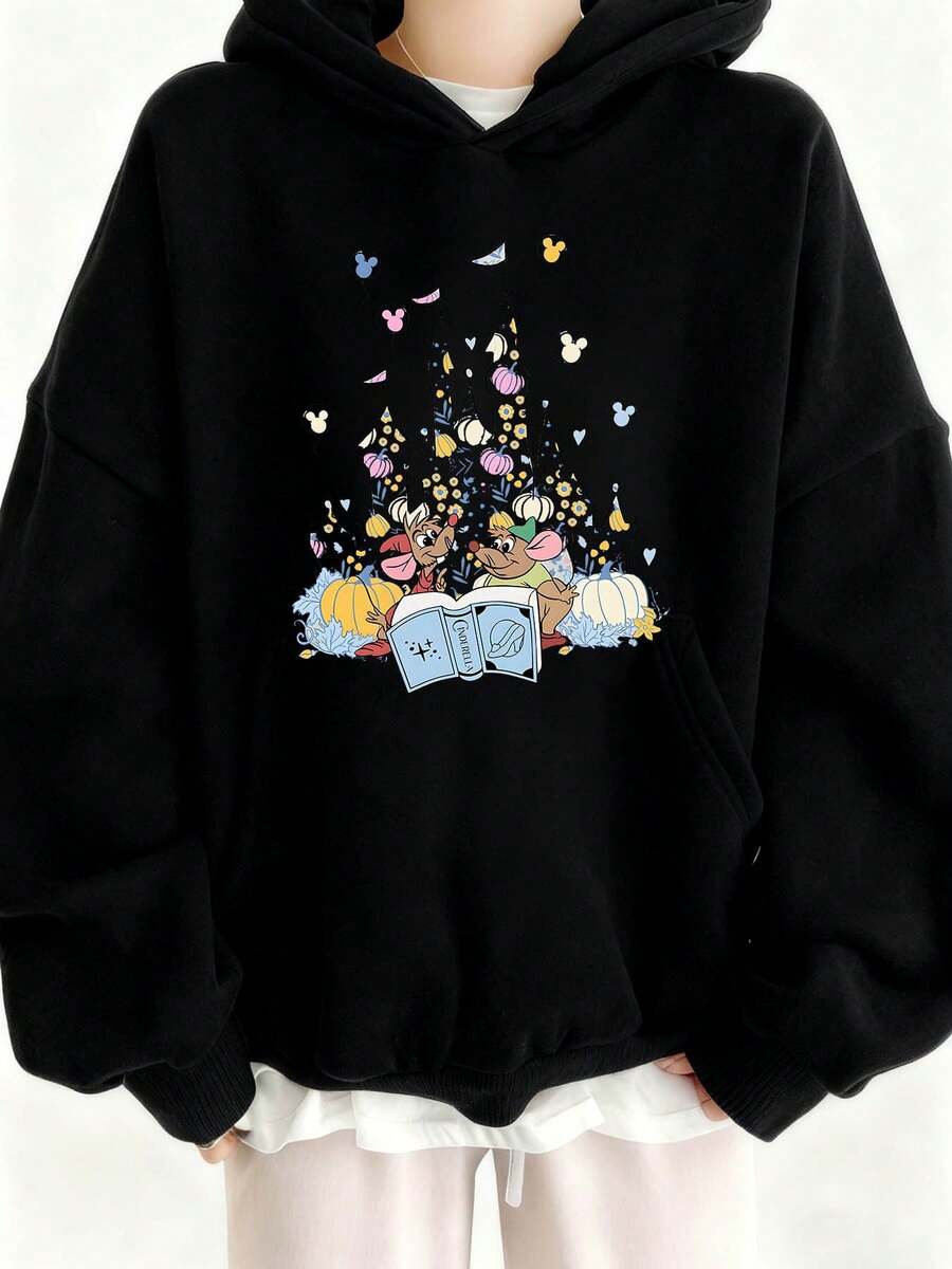 Disney Authorized Plus Size Women's Hoodie Featuring Mickey And Minnie Mouse Reading Book With Castle Design, Oversized Pullover Sweatshirt, Cozy Fall Winter Hooded Top, Perfect For Casual Wear And Everyday Comfort - 黑色 - 查看 1