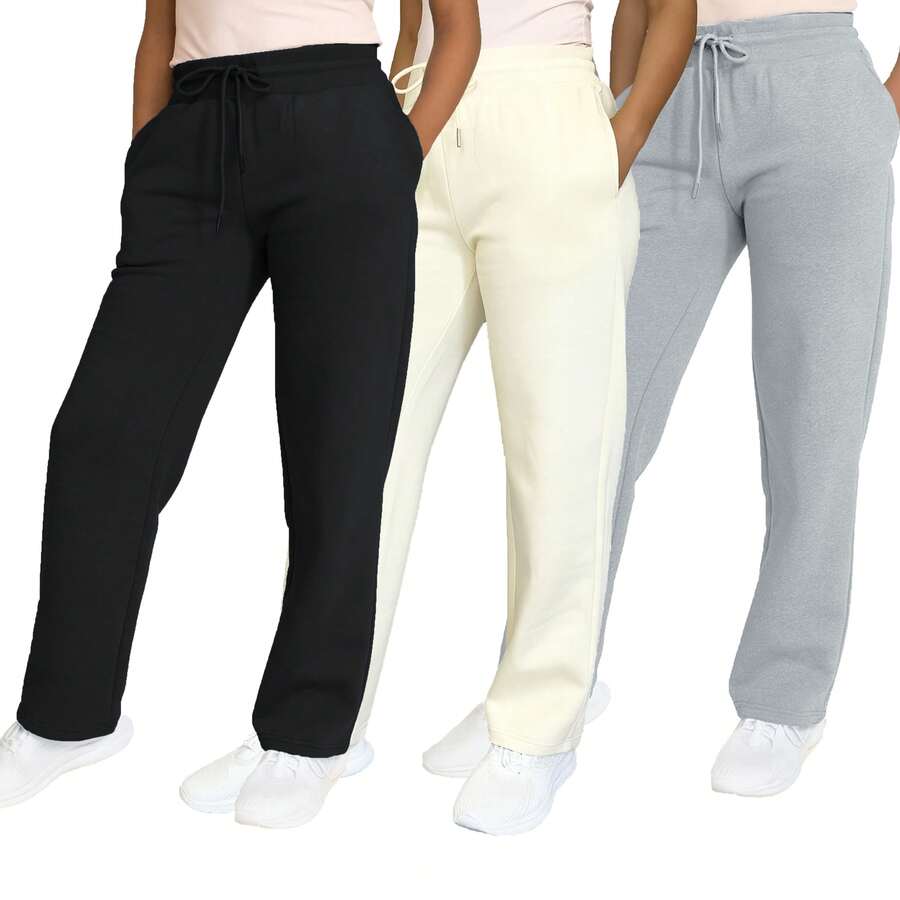 paquete de 3 pantalones de chándal holgados de pierna ancha y peso pesado de felpa para mujer (S-2XL) - Negro - Crema - Gris jaspeado - Ver 1
