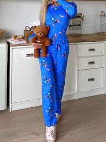 2pcs Stitch Print Women's Long T-Shirt And Pants Set, Cute Heart Stitch All-Over Print, Stretchy & Skin-Friendly, Casual Loungewear Suitable For Spring & Autumn - Blue - View 4