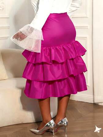 Plus Size Midi Skirt With Tiered Ruffles Cake Skirt Party