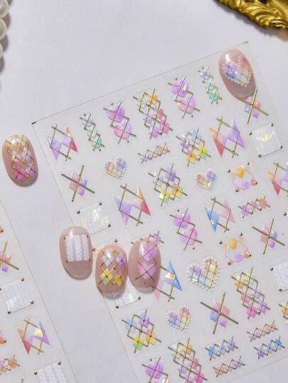 1片全息格子美甲贴纸，3D立体炫彩工艺，精致几何拼接+爱心美甲装饰设计，自粘式美甲贴纸，可重复使用DIY美甲贴纸，女士美甲，个性化美甲配件，创意礼物
