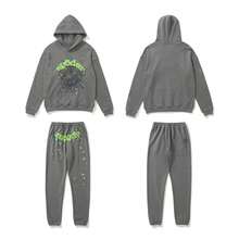 Sp5der 555555 Spider Web Foamed Printed Pure Cotton Hooded Sweatshirt Casual Long Pants Set For Autumn And Winter Men And Women - 灰色 - 查看 1