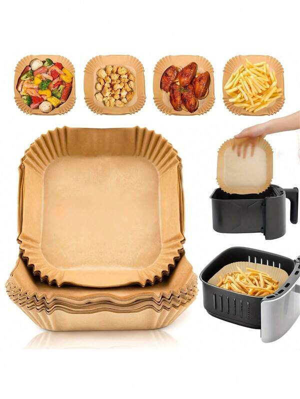 1 Stück Luftfritteuse Papier, quadratisches antihaftbeschichtetes Backpapier für Luftfritteuse, geeignet zum Braten, Backen, Kochen, Grillen, Mikrowelle, ölbeständig, ohne Backblech erforderlich - Küchenhelfer